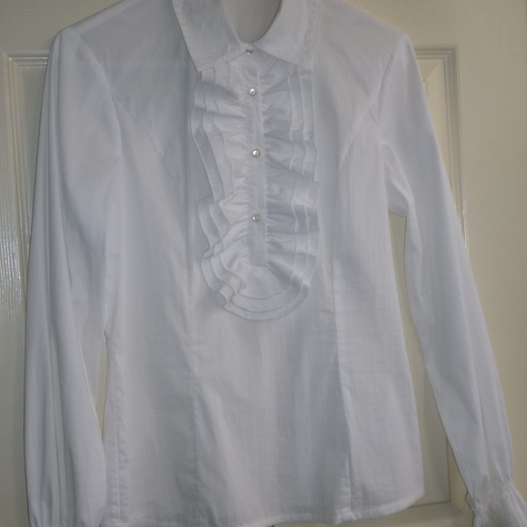 Mac & Jac White Ruffle 3/4 Button Down Blouse - Picture 1 of 8